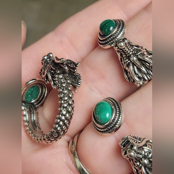 Malachite Dragon Ring. Adjustable Mens Crystal Jewlery. - Picture 3 of 4